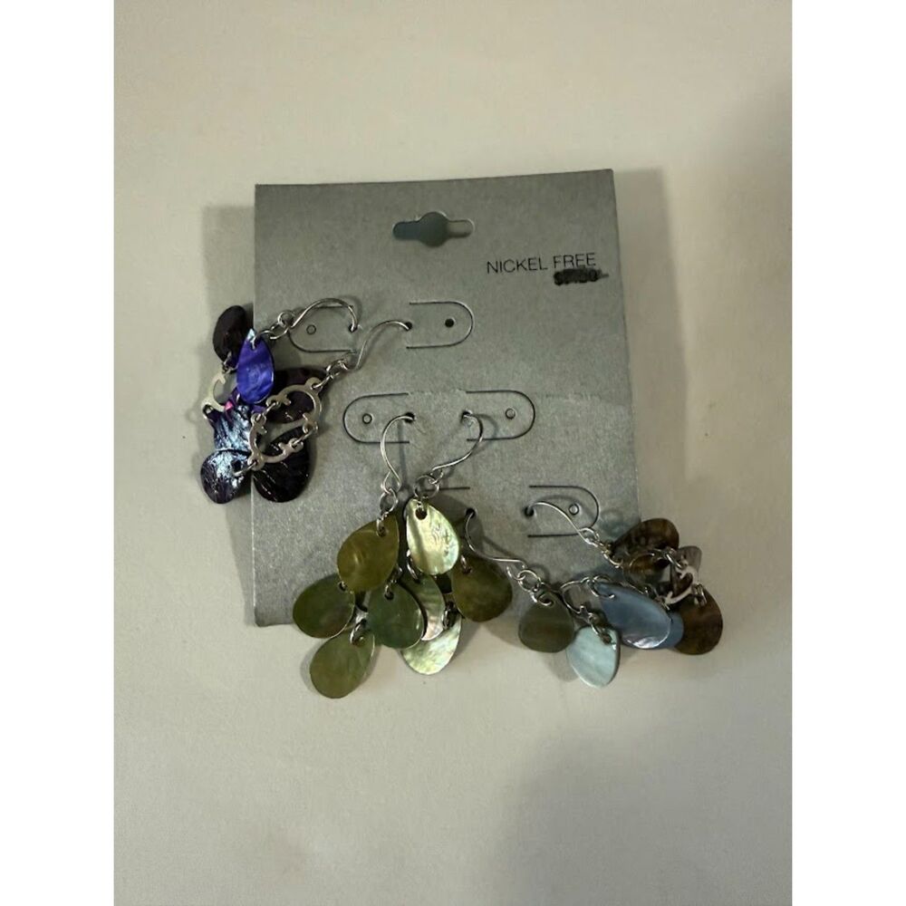 fashion earrings featuring multiple iridescent, tear-shaped dangles.